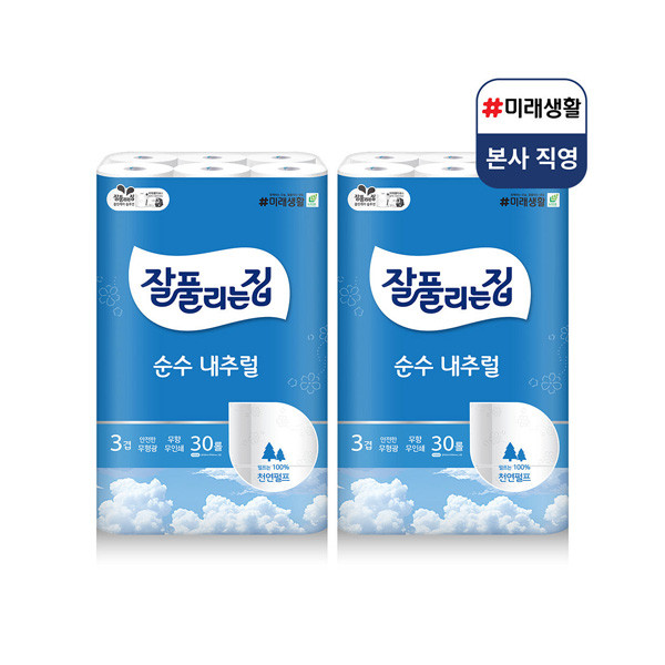 미래생활 잘풀리는집 순수 내추럴 3겹 천연펄프 화장지 30m, 30롤, 2팩 | 이으미